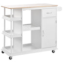 Multipurpose Kitchen Cart Cabinet with Side Storage Shelves,Rubber Wood Top, Adjustable Storage Shelves, 5 Wheels, Kitchen Storage Island with Wine Cubbies Rack for Dining Room, Home,Bar,White - Supfirm
