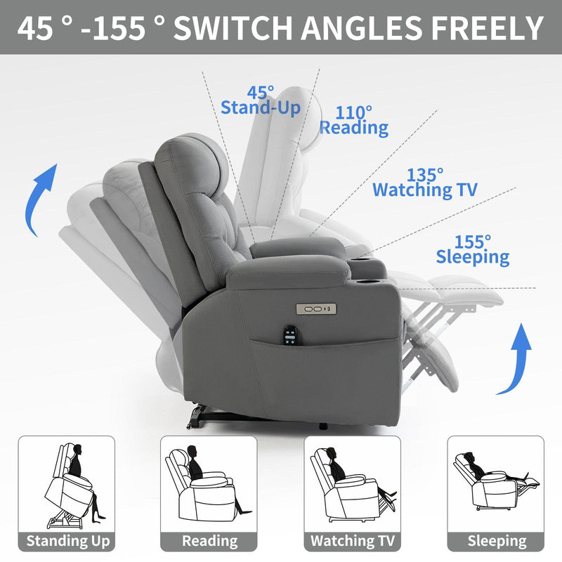 Okin Motor Up to 350 LBS Power Lift Recliner Chair, Heavy Duty Motion Mechanism with 8-Point Vibration Massage and Lumbar Heating, Cup Holders, USB and Type-C Ports, Removable Cushions, Grey - Supfirm