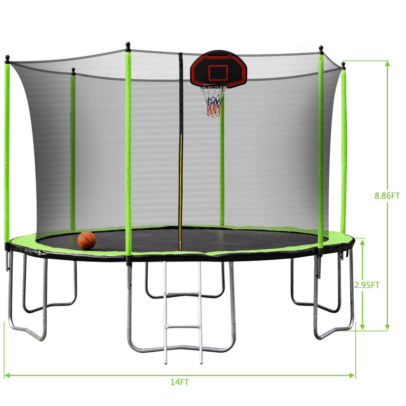 14FT Trampoline with Basketball Hoop Inflator and Ladder(Inner Safety Enclosure) Green - Supfirm