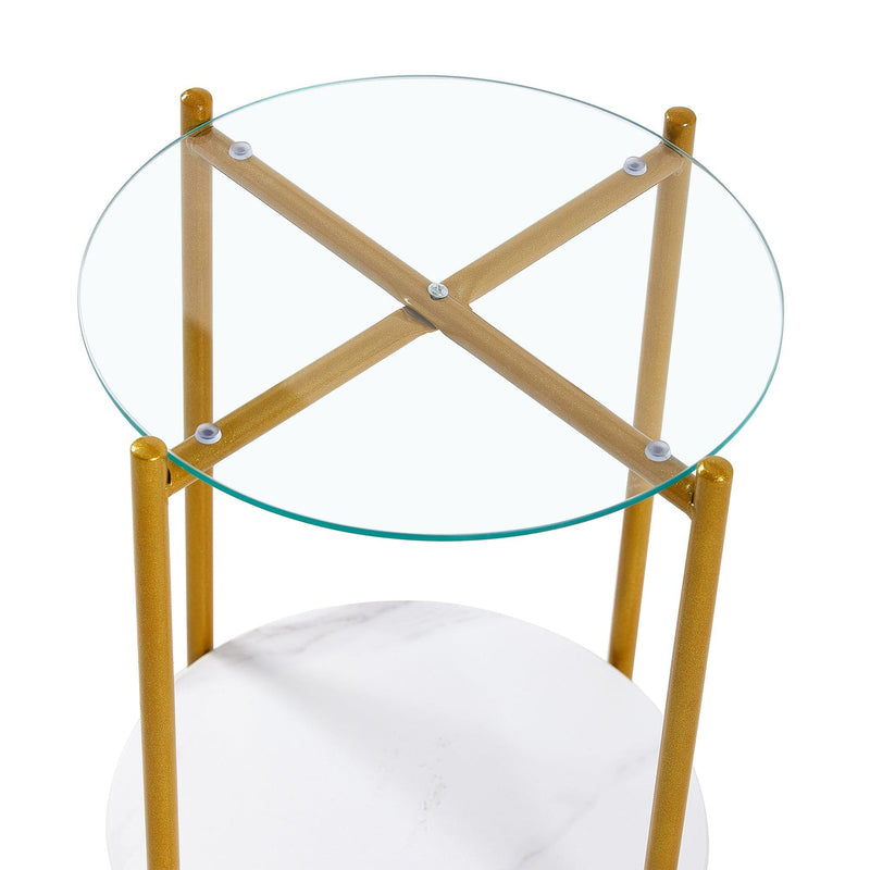 2-layer End Table with Tempered Glass and Marble Tabletop, Round Coffee Table with Golden Metal Frame for Bedroom Living Room Office (1 piece) - Supfirm