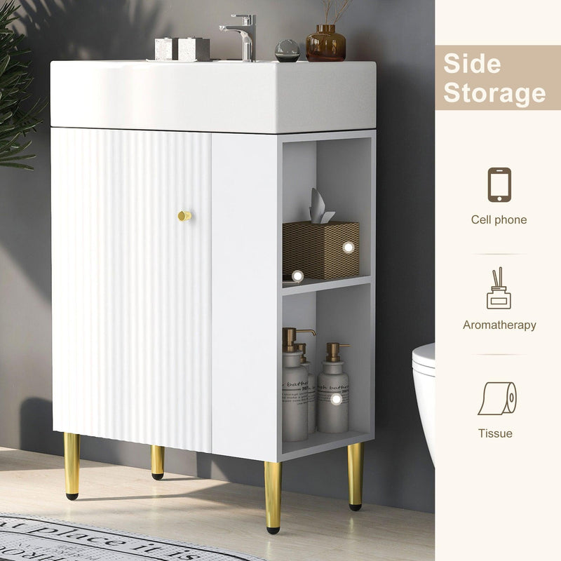 Supfirm 21.6" white Bathroom vanity, Combo Cabinet, Bathroom Storage Cabinet, Single Ceramic Sink, Right side storage - Supfirm