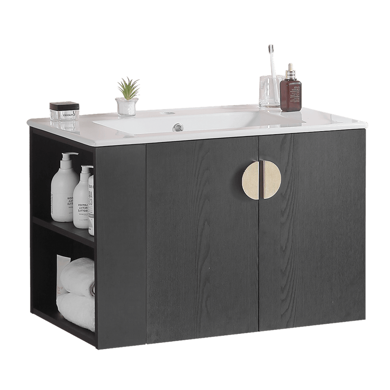 Supfirm 30" Bathroom Vanity with Sink,with two Doors Cabinet Bathroom Vanity Set with Side left Open Storage Shelf,Solid Wood,Excluding faucets,Black - Supfirm