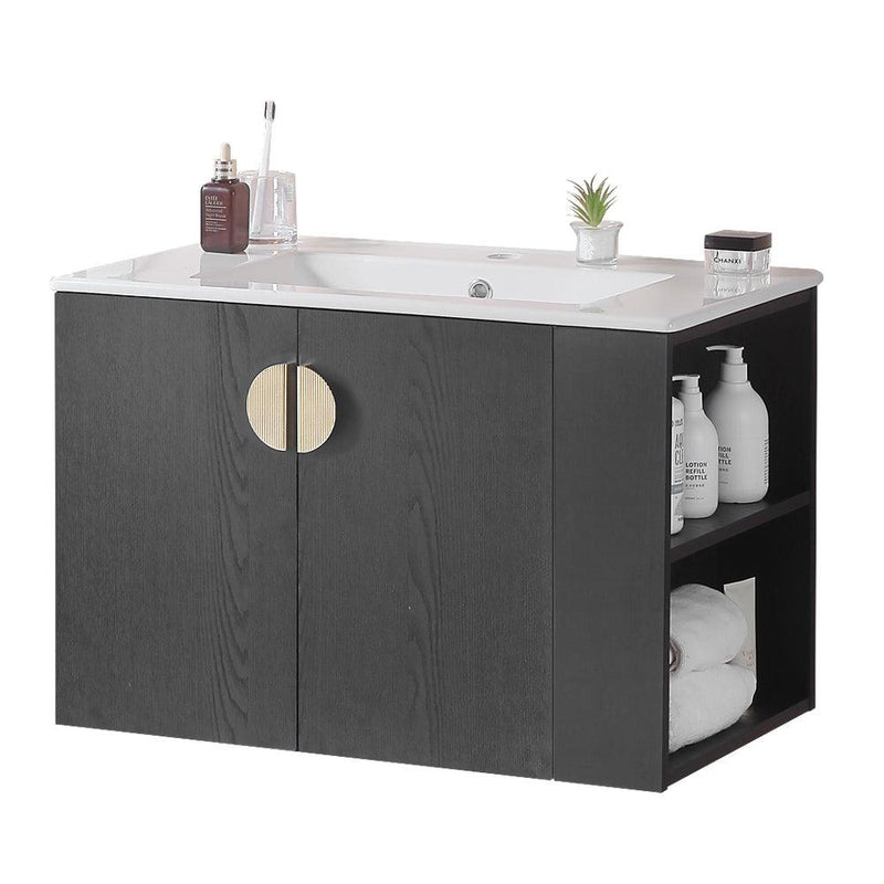 Supfirm 30" Bathroom Vanity with Sink,with two Doors Cabinet Bathroom Vanity Set with Side right Open Storage Shelf,Solid Wood,Excluding faucets,Black - Supfirm