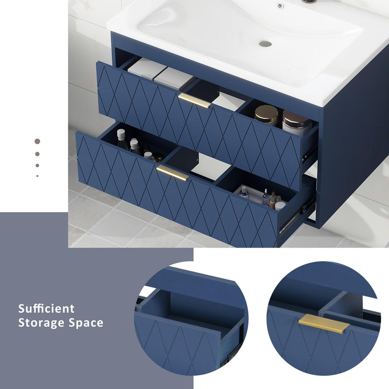 Supfirm 30'' Wall Mounted Bathroom Vanity with Resin Sink,Floating Bathroom Storage Cabinet with 2 Drawers, Solid Wood Bathroom Cabinet - Supfirm
