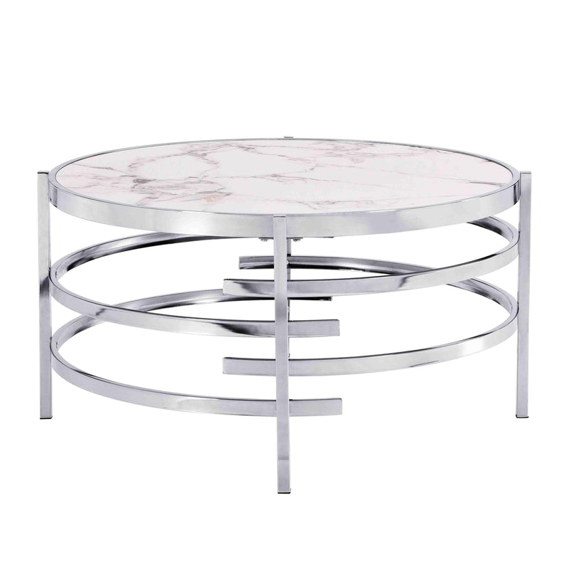 32.48'' Chrome Round Coffee Table With Sintered Stone Top&Sturdy Metal Frame, Modern Coffee Table for Living Room, Silver - Supfirm