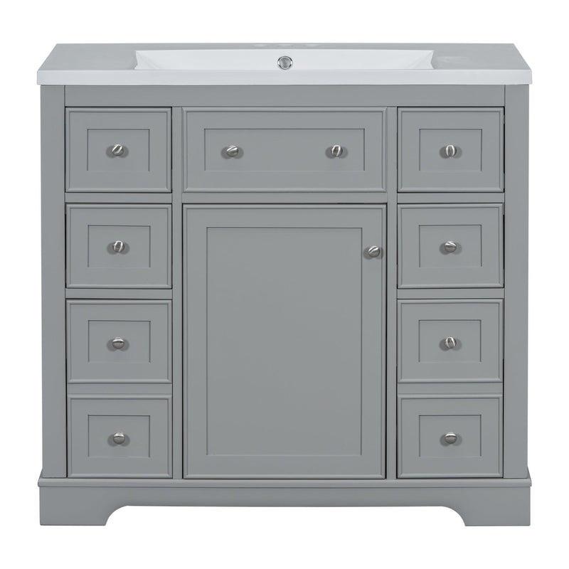 36" Bathroom Vanity with Sink Combo, One Cabinet and Six Drawers, Solid Wood and MDF Board, Grey - Supfirm