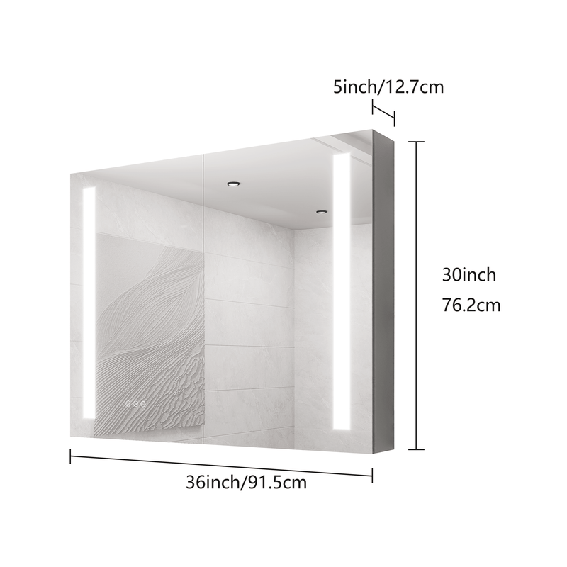 Supfirm 36 x 30 inch Medicine Cabinet with LED Vanity Mirror, Anti-Fog, Dimmable, Recessed or Surface Mount, Aluminum 3000K~6000K Lighted Double Door Bathroom Cabinet with Touch Switch - Supfirm