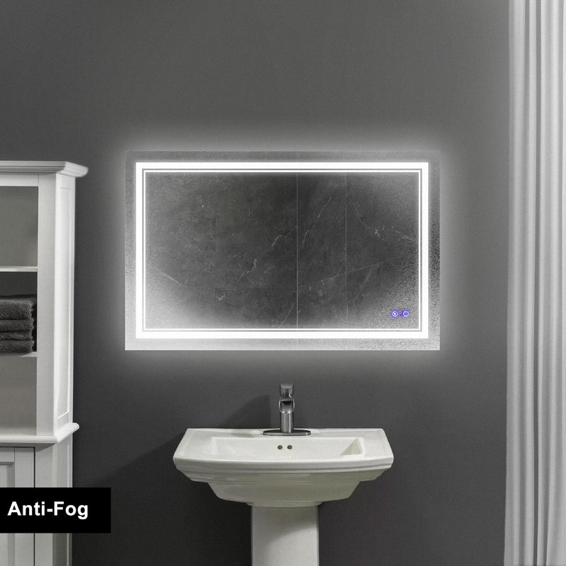 Supfirm 40 x 24 Inch Frameless LED Illuminated Bathroom Wall Mirror, Touch Button Defogger, Rectangular, Silver - Supfirm