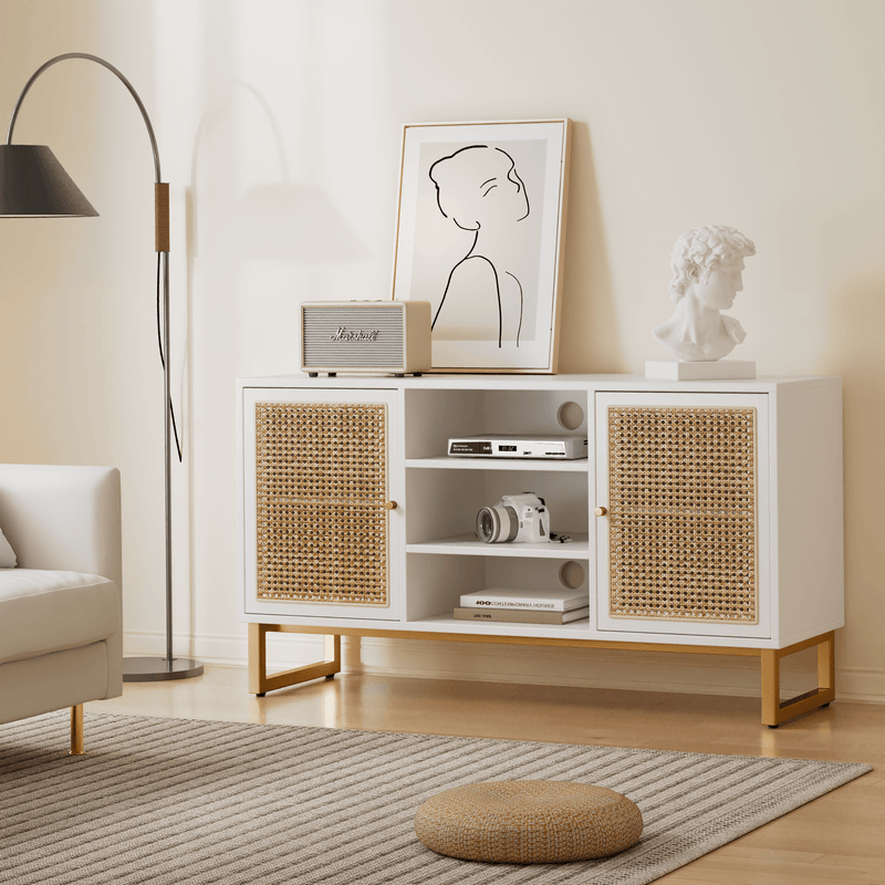 47 Inch Mid Century Modern White TV Stand with Adjustable Shelf, Rattan Sideboard, Entertainment Cabinet, Media Console for Living Room Bedroom Media Room, White Wood Finish & Metal Legs - Supfirm