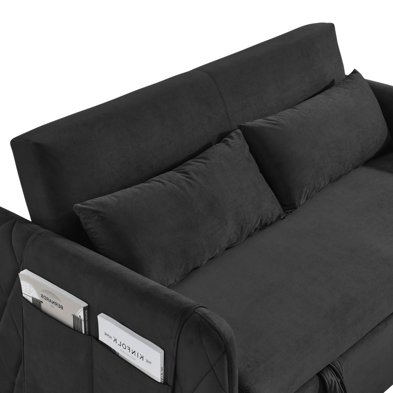 55" Modern Convertible Sofa Bed with 2 Detachable Arm Pockets, Velvet Loveseat Sofa with Pull Out Bed, 2 Pillows and Living Room Adjustable Backrest, Grid Design Armrests - Supfirm