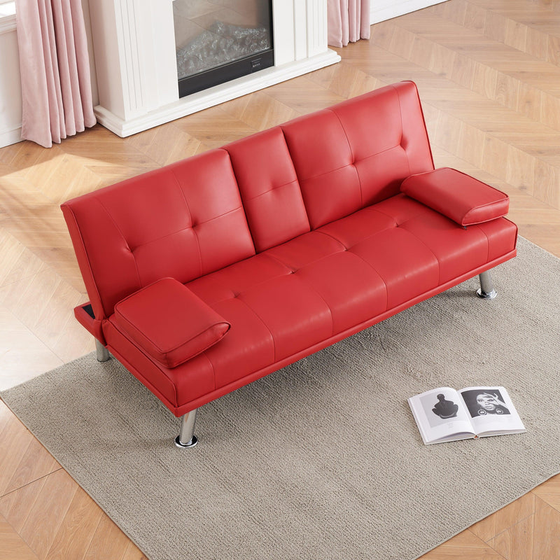 67" Red Leather Multifunctional Double Folding Sofa Bed for Office with Coffee Table - Supfirm