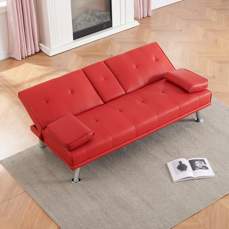 67" Red Leather Multifunctional Double Folding Sofa Bed for Office with Coffee Table - Supfirm