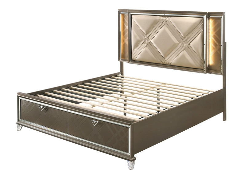 ACME Skylar Full Bed w/Storage, LED, PU & Dark Champagne 25335F - Supfirm