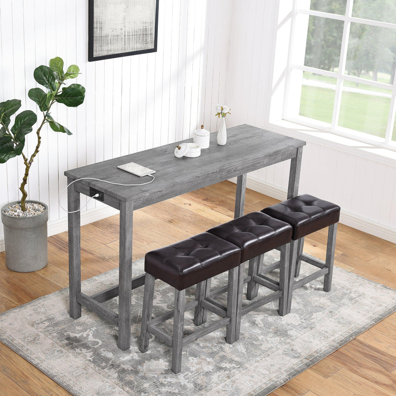 Bar Table Set with Power Outlet, Bar Table and Chairs Set, 4 Piece Dining Table Set, Industrial Breakfast Table Set, for Living Room, Dining Room, Game Room - Supfirm