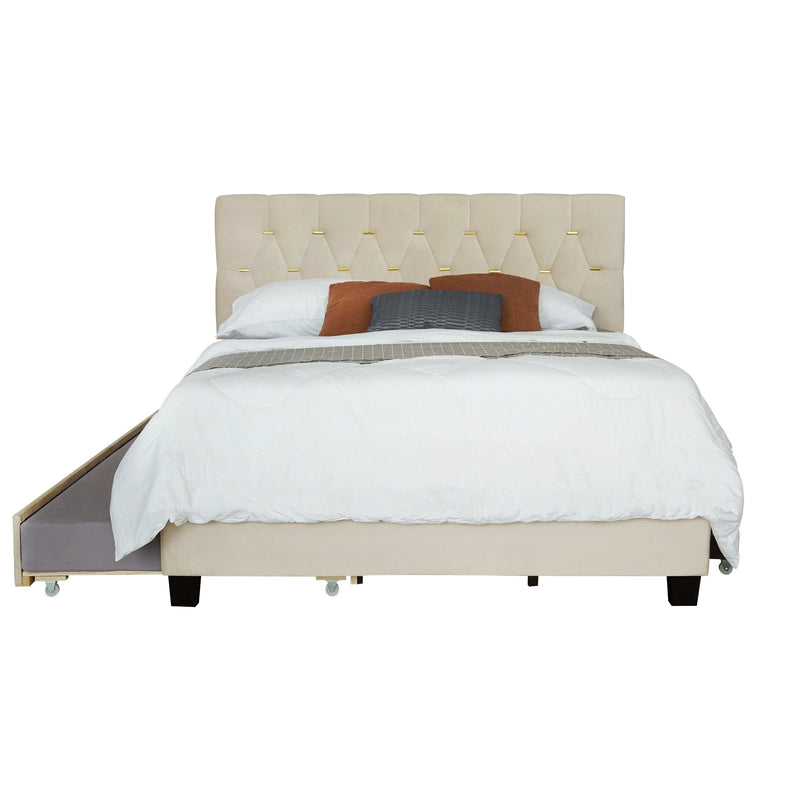 BEIGE QUEEN SIZE TRUNDLE PULL OUT DRAWERS STORAGE UPHOLSTERED BED MODERN DESIGN NO BOX SPRING REQUIRED - Supfirm