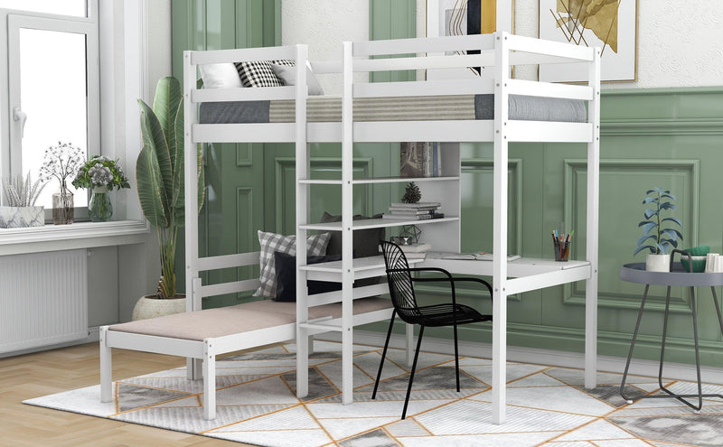 Convertible Loft Bed with L-Shape Desk, Twin Bunk Bed with Shelves and Ladder, White(OLD SKU:SM000209AAK-1) - Supfirm