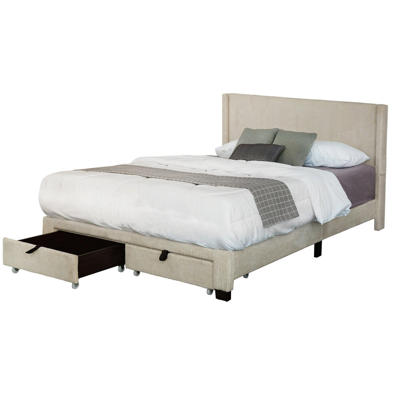 CORDUROY VELVET QUEEN FOOTBOARD DRAWER STORAGE UPHOLSTERED WINGBACK BED NO BOX SPRING REQUIRE BEIGE WHITE - Supfirm