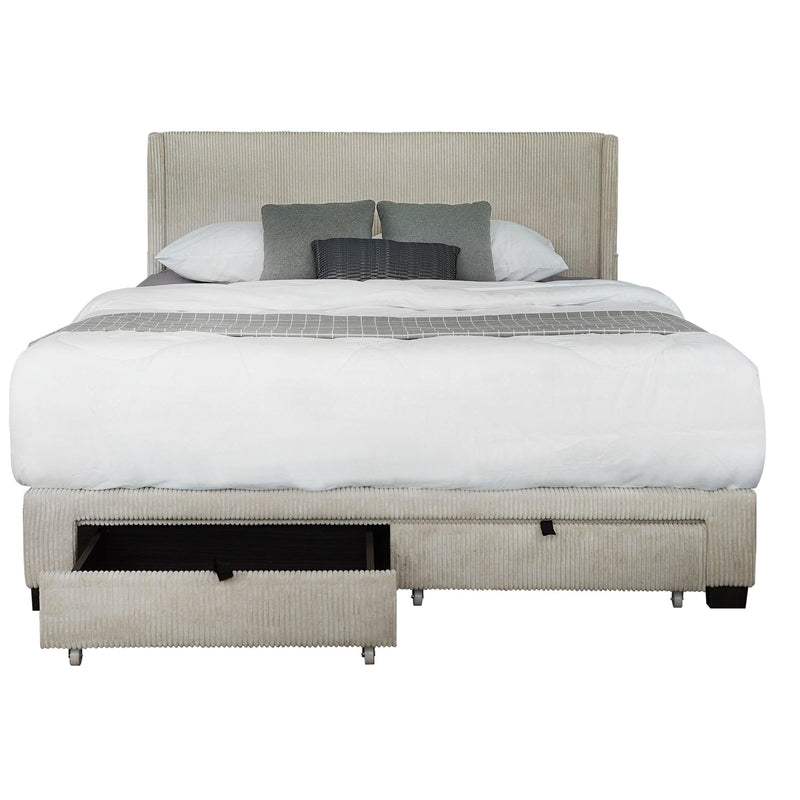 CORDUROY VELVET QUEEN FOOTBOARD DRAWER STORAGE UPHOLSTERED WINGBACK BED NO BOX SPRING REQUIRE BEIGE WHITE - Supfirm