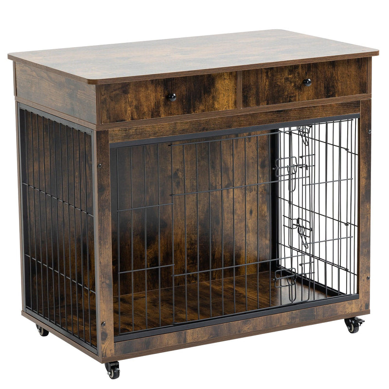 Dog Crate Furniture, Wooden Dog House, Decorative Dog Kennel with Drawer, Indoor Pet Crate End Table for Small Dog, Steel-Tube Dog Cage, Chew-Proof, Rustic Brown 31.7" L×23.2" W×33" H - Supfirm