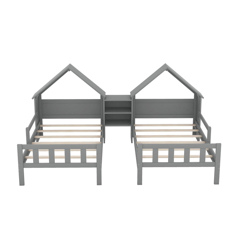 Double Twin Size Platform Bed with House-shaped Headboard and a Built-in Nightstand, Grey - Supfirm