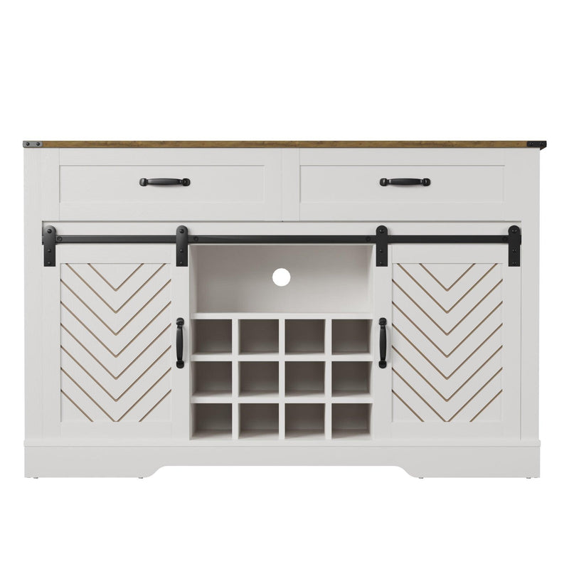 Farmhouse Storage Sideboard Buffet Coffee Bar Cabinet with Sliding Barn Door, 3 Drawers, Wine Cubbies and Glass Rack - White & Oak - Supfirm