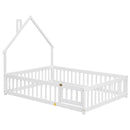 Full House-Shaped Headboard Floor Bed with Fence ,White - Supfirm