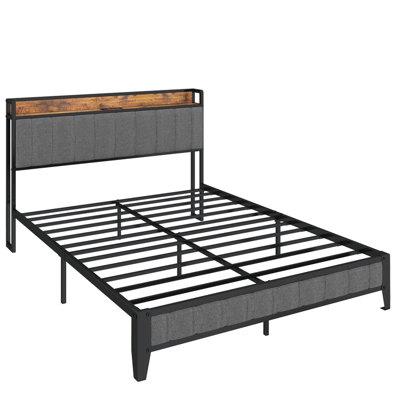 Full Size Bed Frame with Charging Station, Upholstered Headboard, Metal Platform, Grey, Common - Supfirm