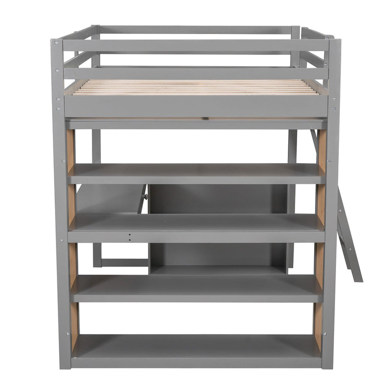 Full Size Loft Bed with Ladder, Shelves, and Desk, Gray(OLD SKU:LT100226AAE) - Supfirm