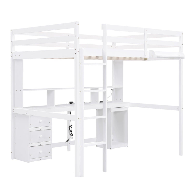 Full Size Loft Bed with Multi-storage Desk, LED light and Bedside Tray, Charging Station, White - Supfirm
