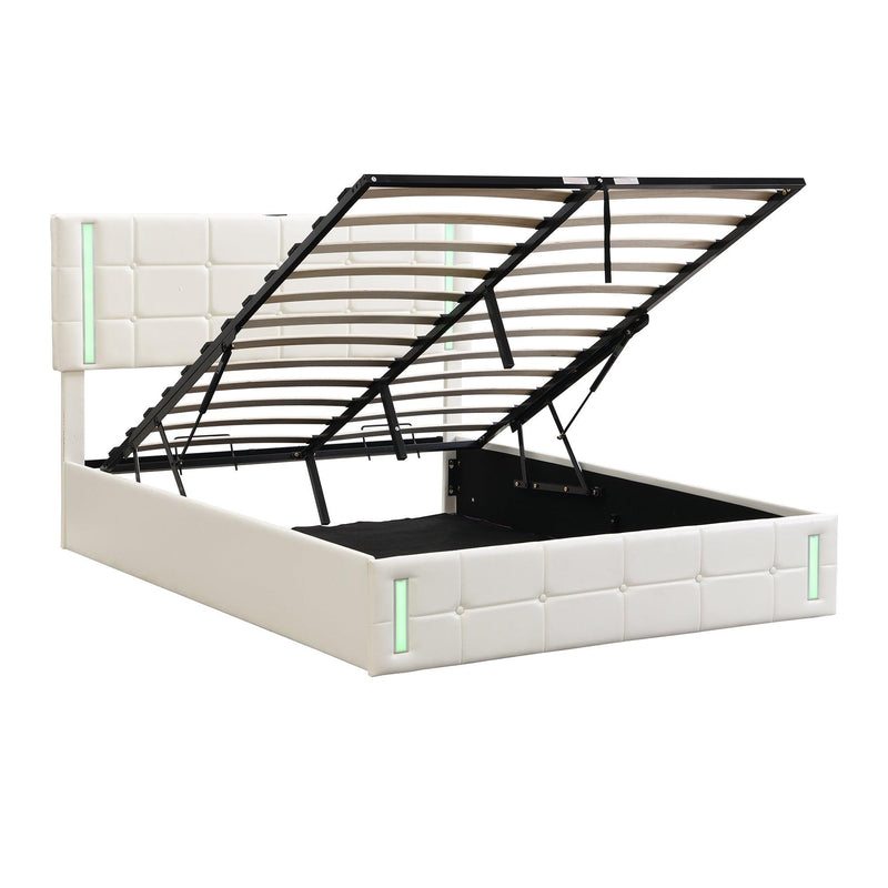 Full Size Upholstered Bed with LED Lights,Hydraulic Storage System and USB Charging Station,White - Supfirm