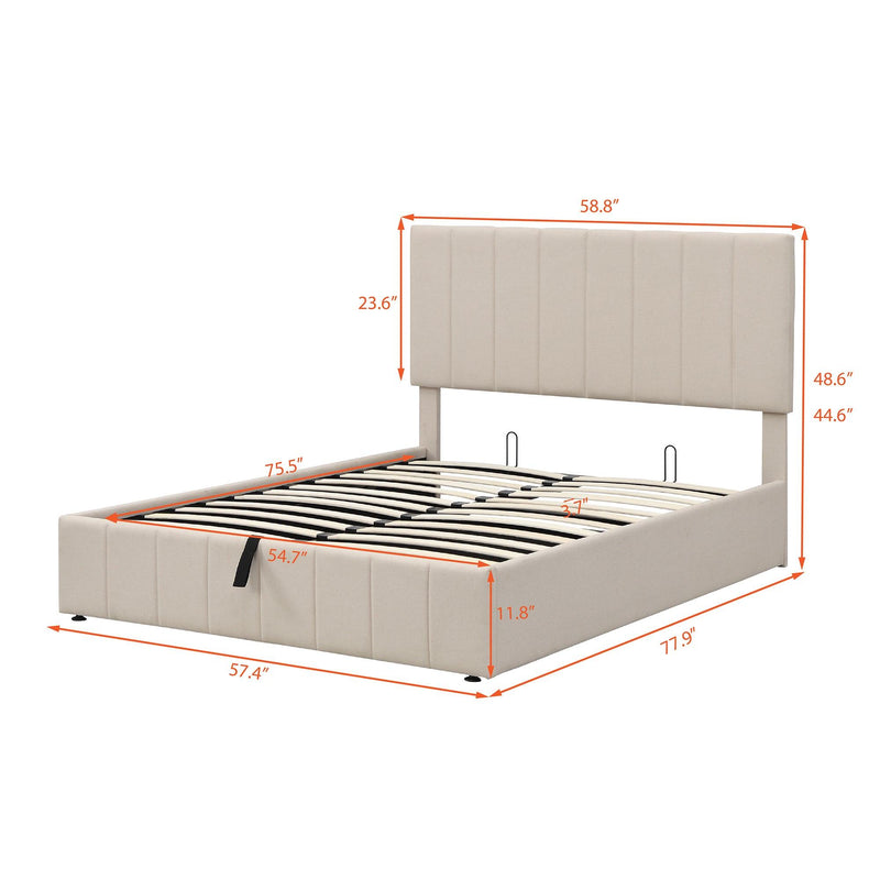 Full size Upholstered Platform bed with a Hydraulic Storage System - Beige - Supfirm