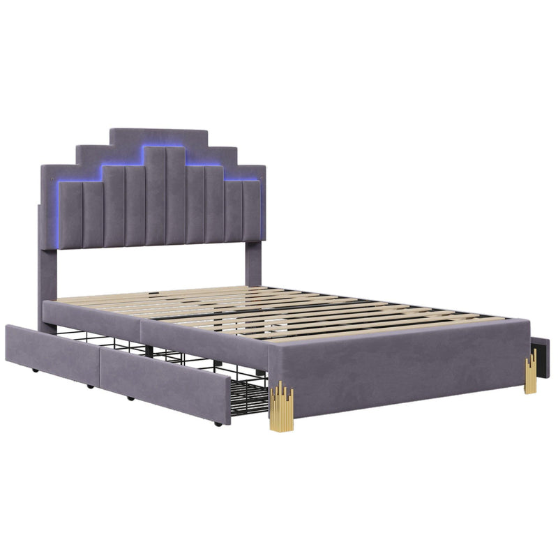 Full Size Upholstered Platform Bed with LED Lights and 4 Drawers, Stylish Irregular Metal Bed Legs Design, Gray - Supfirm