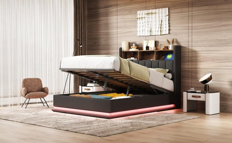 Full Size Upholstered Platform Bed with Storage Headboard and Hydraulic Storage System, PU Storage Bed with LED Lights and USB charger, Black - Supfirm
