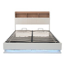 Full Size Upholstered Platform Bed with Storage Headboard and Hydraulic Storage System, PU Storage Bed with LED Lights and USB charger, White - Supfirm
