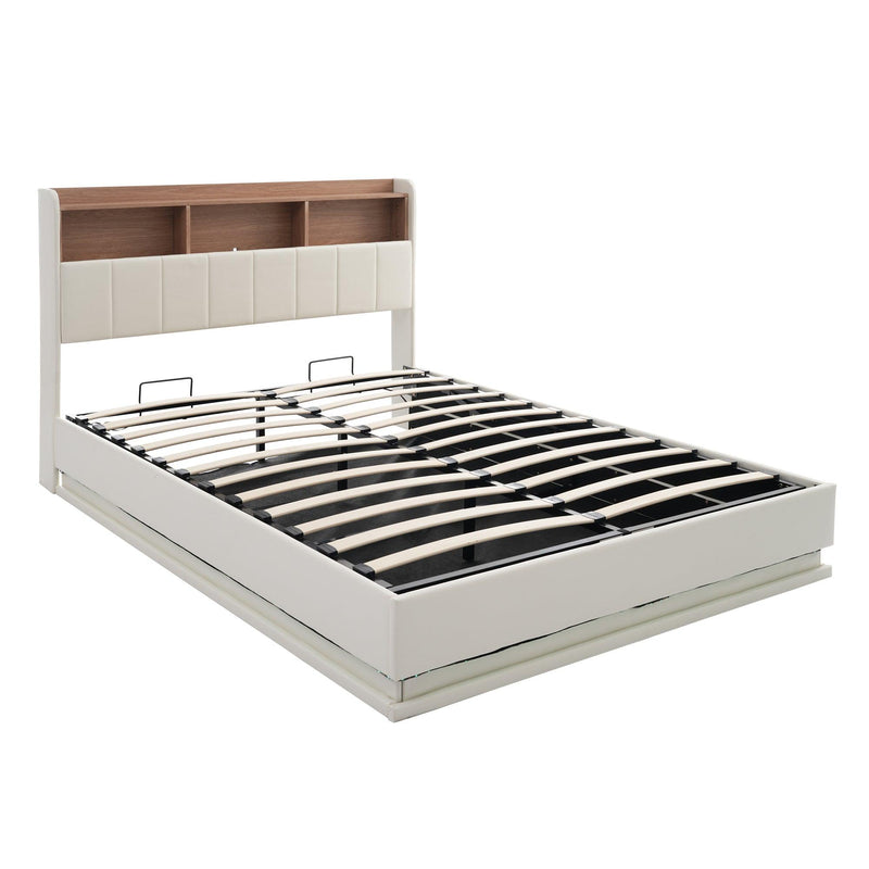 Full Size Upholstered Platform Bed with Storage Headboard and Hydraulic Storage System, PU Storage Bed with LED Lights and USB charger, White - Supfirm
