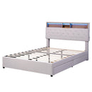 Full Size Upholstered Platform Bed with Storage Headboard, LED, USB Charging and 2 Drawers, Beige - Supfirm
