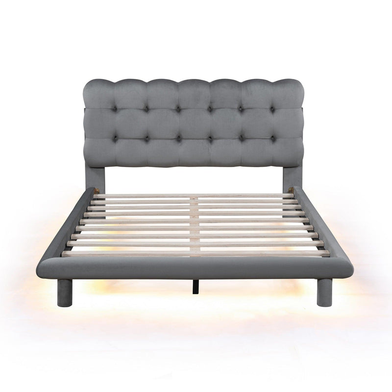 Full Size Velvet Platform Bed with LED Frame, Thick & Soft Fabric and Button-tufted Design Headboard, Gray - Supfirm