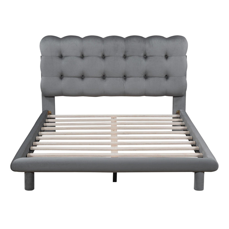 Full Size Velvet Platform Bed with LED Frame, Thick & Soft Fabric and Button-tufted Design Headboard, Gray - Supfirm