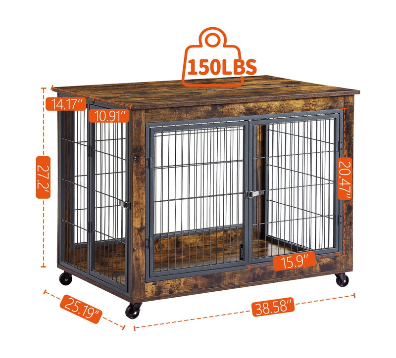 Furniture Dog Cage Crate with Double Doors, Rustic Brown, 38.58'' W x 25.2'' D x 27.17'' H - Supfirm