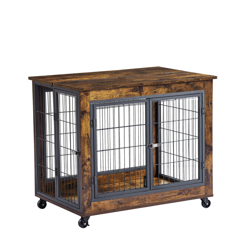 Furniture Style Dog Crate Side Table on Wheels with Double Doors and Lift Top. Rustic Brown, 31.50'' W x 22.05'' D x 25'' H. - Supfirm