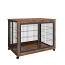 Furniture Style Dog Crate Side Table on Wheels with Double Doors and Lift Top. Rustic Brown, 43.7'' W x 30'' D x 31.1'' H. - Supfirm