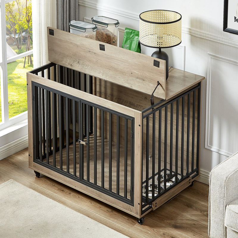 Furniture Style Dog Crate Side Table With Feeding Bowl, Wheels, Three Doors, Flip-Up Top Opening. Indoor, Grey, 43.7"W x 30"D x 33.7"H - Supfirm