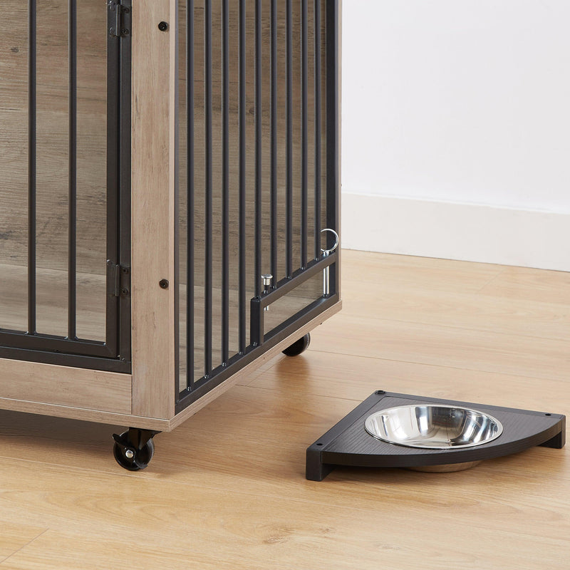 Furniture Style Dog Crate Side Table With Rotatable Feeding Bowl, Wheels, Three Doors, Flip-Up Top Opening. Indoor, Grey, 38.58"W x 25.2"D x 27.17"H - Supfirm
