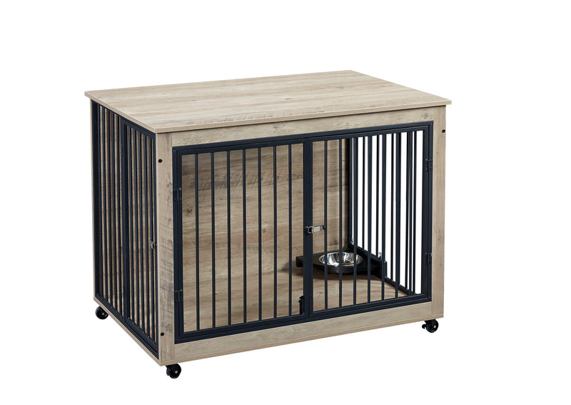 Furniture Style Dog Crate Side Table With Rotatable Feeding Bowl, Wheels, Three Doors, Flip-Up Top Opening. Indoor, Grey, 43.7"W x 30"D x 33.7"H - Supfirm