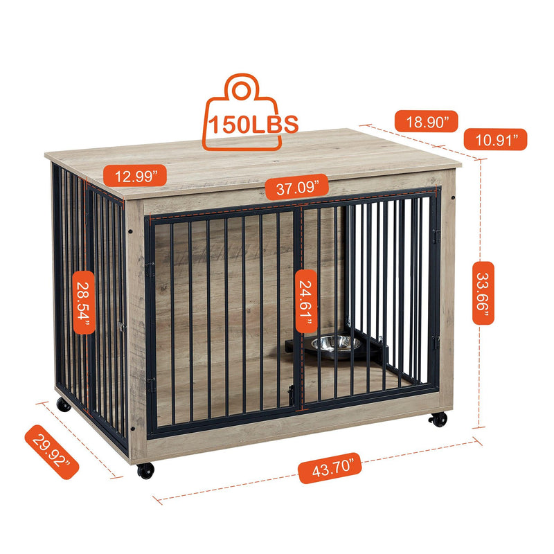 Furniture Style Dog Crate Side Table With Rotatable Feeding Bowl, Wheels, Three Doors, Flip-Up Top Opening. Indoor, Grey, 43.7"W x 30"D x 33.7"H - Supfirm