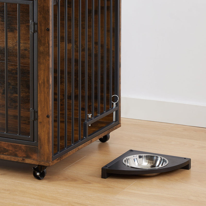 Furniture Style Dog Crate Side Table With Rotatable Feeding Bowl, Wheels, Three Doors, Flip-Up Top Opening. Indoor, Rustic Brown, 38.58"W x 25.2"D x 27.17"H - Supfirm
