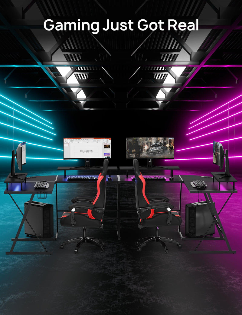 Gaming Desk, L Shaped Computer Corner Desk, 53" Ergonomic Gaming Table with Monitor Stands, PC Desk with LED Strips and Power Outlets, Carbon Fiber Surface with Cup Holder, Headphone Hook - Supfirm