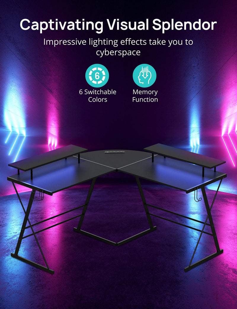 Gaming Desk, L Shaped Computer Corner Desk, 53" Ergonomic Gaming Table with Monitor Stands, PC Desk with LED Strips and Power Outlets, Carbon Fiber Surface with Cup Holder, Headphone Hook - Supfirm