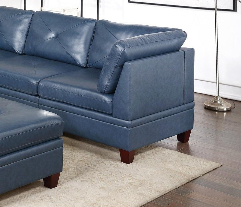 Genuine Leather Ink Blue Tufted 6pc Modular Sofa Set 3x Corner Wedge 2x Armless Chair 1x Ottoman Living Room Furniture Sofa Couch - Supfirm