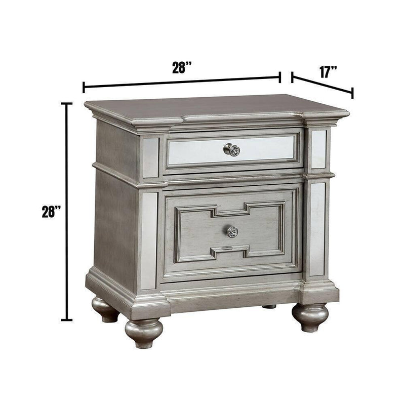 Glam 1pc Nightstand Silver Solid Wood Mirror Panel Accents Bedroom Furniture Crystal-like Acrylic Drawer Pulls Bun Feet Bedside Table - Supfirm
